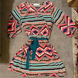 Aztec Print Midi Dress Teal Pink Black Keyhole Belted Size L